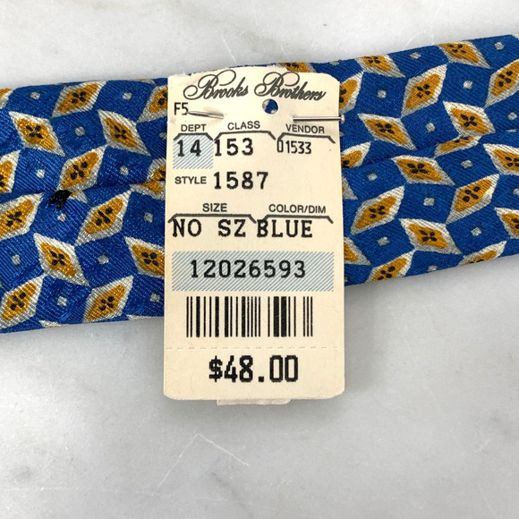 BROOKS BROTHERS MAKERS Silk Neck Tie 54" x 4" Gold White Diamond on Blue USA NWT - Picture 6 of 6